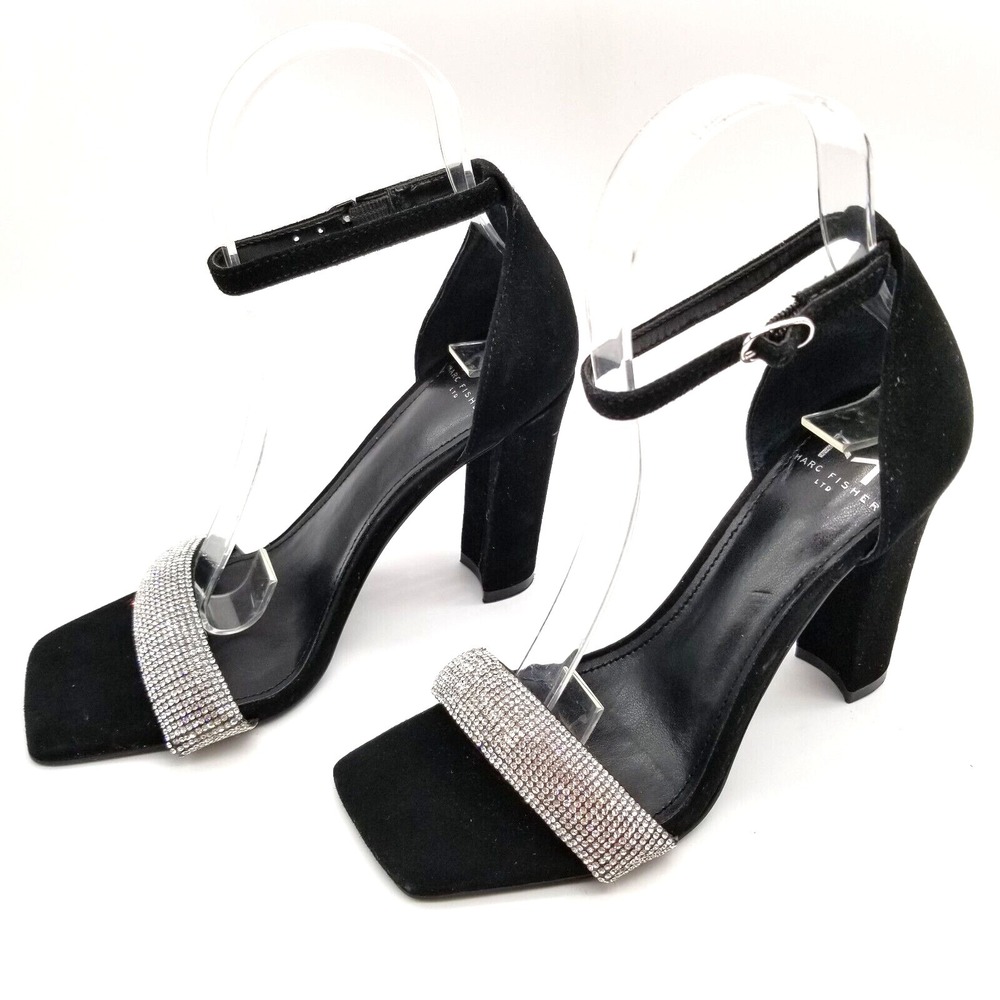 Marc Fisher Women Angelo Heel Sandals Size 5.5 Black Silver Leather Embellished
